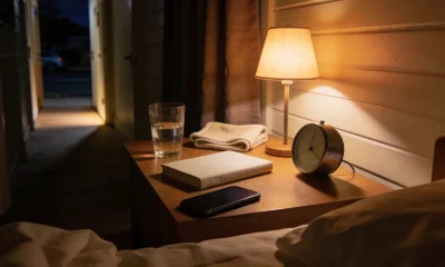 A bedside table in an ordinary Australian home late at night lit by one small warm lamp and a sliver of light from a hallway, with a half-drunk glass of water, a folded tea towel, a small plain clock, a closed book with a blank cover and a phone lying dark beside rumpled bedding with the dark street beyond the curtain