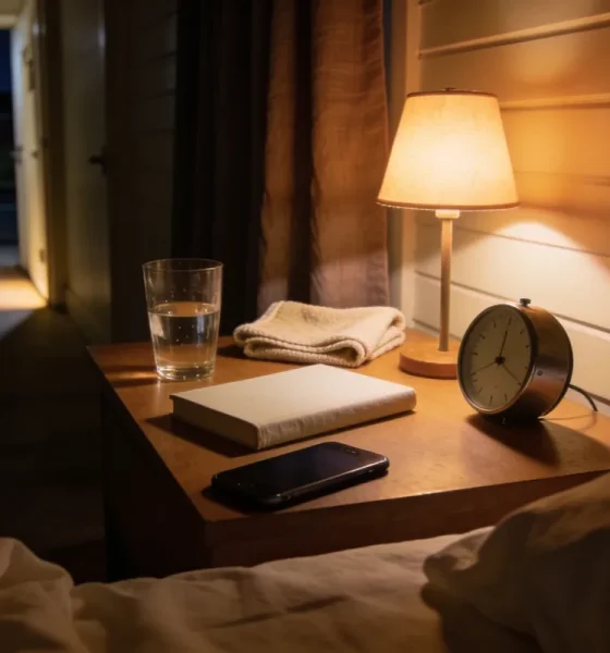 A bedside table in an ordinary Australian home late at night lit by one small warm lamp and a sliver of light from a hallway, with a half-drunk glass of water, a folded tea towel, a small plain clock, a closed book with a blank cover and a phone lying dark beside rumpled bedding with the dark street beyond the curtain