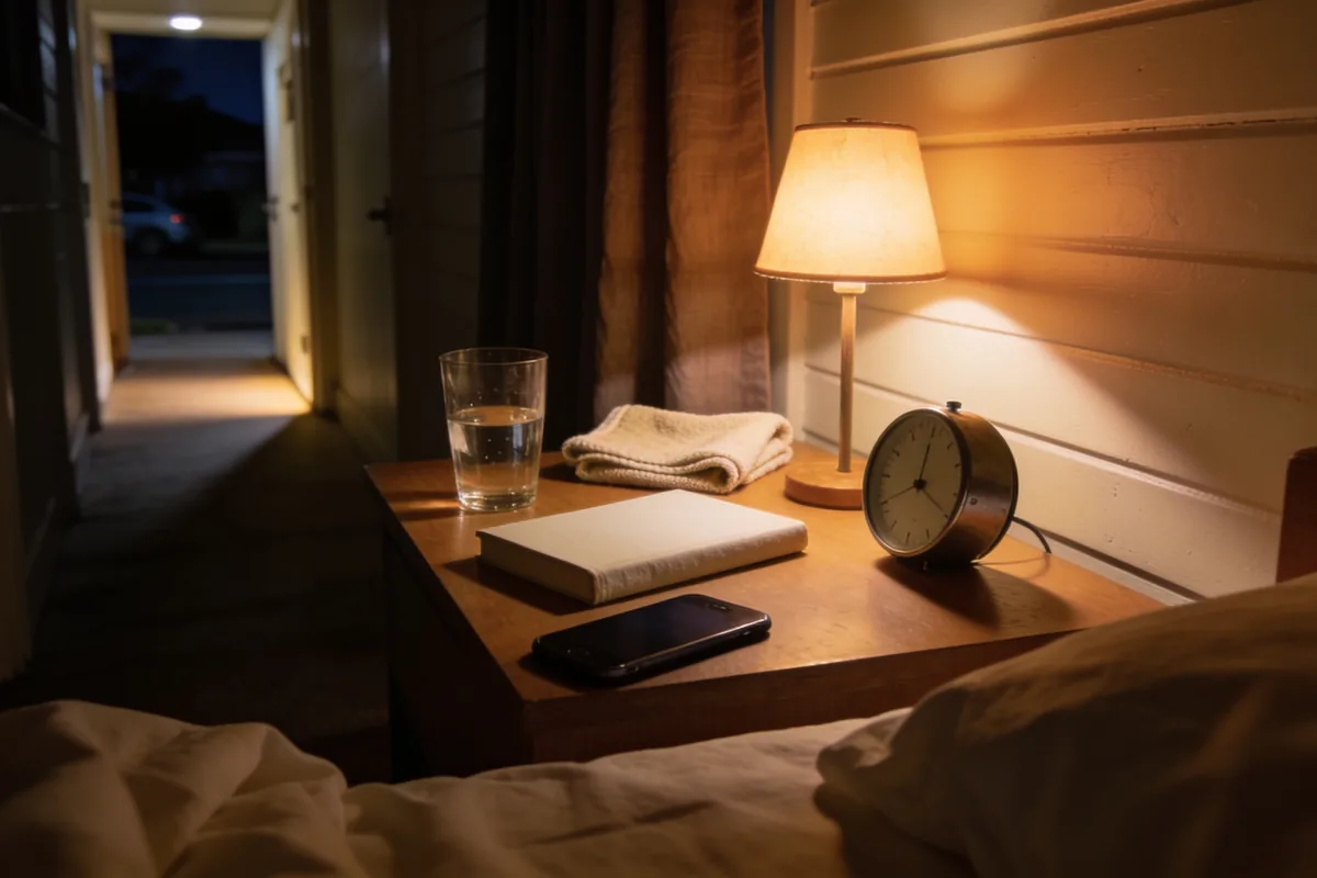 A bedside table in an ordinary Australian home late at night lit by one small warm lamp and a sliver of light from a hallway, with a half-drunk glass of water, a folded tea towel, a small plain clock, a closed book with a blank cover and a phone lying dark beside rumpled bedding with the dark street beyond the curtain