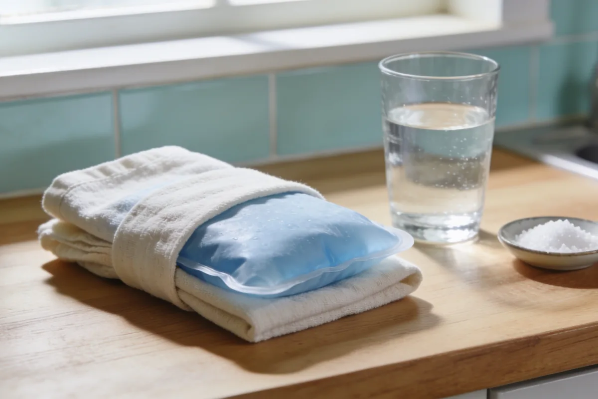A folded tea towel wrapped around a plain blue cold pack on a timber kitchen bench beside a full glass of water and a small dish of salt, with a pale tiled splashback behind and morning light from a window
