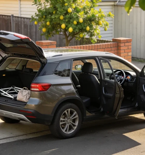 A clean mid-size family SUV parked at the kerb of a quiet Australian street on a bright morning with its tailgate and doors open, a child capsule standing on the footpath beside it and a folded pram frame and soft bag in the open boot, with a lemon tree, brick fence and weatherboard house behind