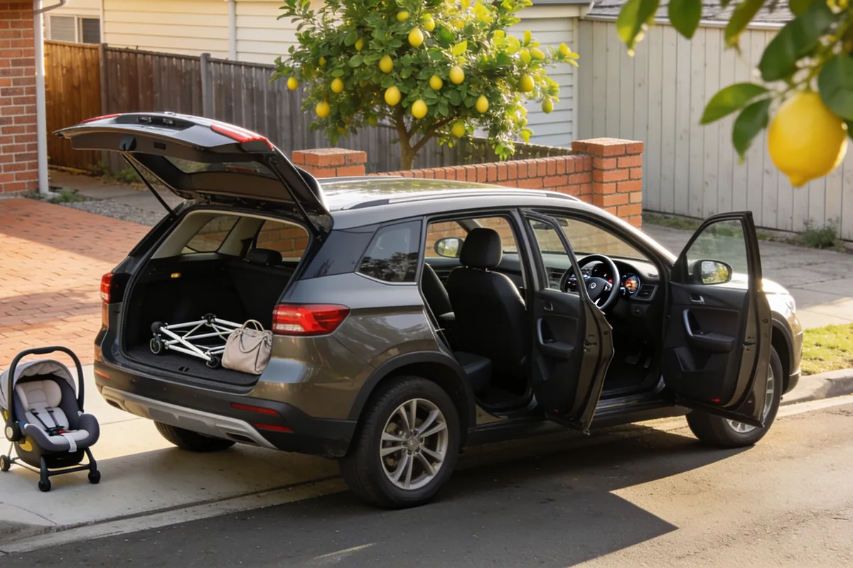 A clean mid-size family SUV parked at the kerb of a quiet Australian street on a bright morning with its tailgate and doors open, a child capsule standing on the footpath beside it and a folded pram frame and soft bag in the open boot, with a lemon tree, brick fence and weatherboard house behind