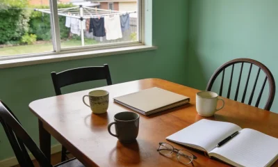 A dining table in an ordinary Australian home set up for a meeting with three mismatched mugs, a plain closed folder, an open notebook with blank pages and a pen, and reading glasses, with chairs pulled up at angles and washing on a line in a suburban backyard beyond the window