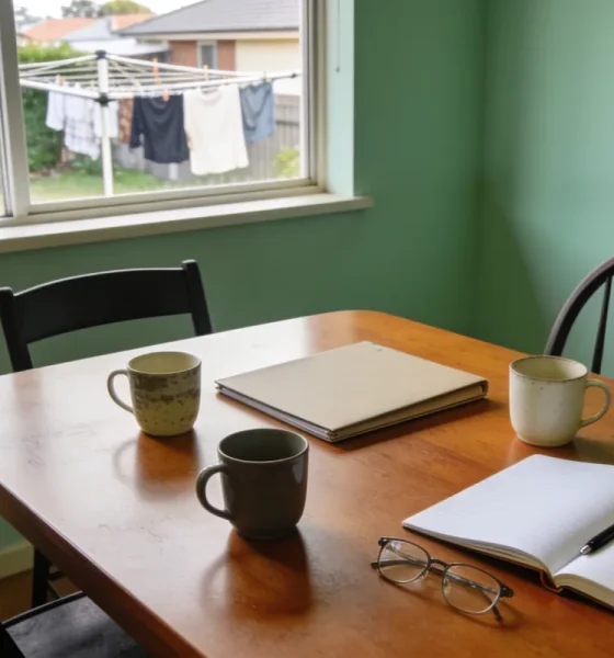A dining table in an ordinary Australian home set up for a meeting with three mismatched mugs, a plain closed folder, an open notebook with blank pages and a pen, and reading glasses, with chairs pulled up at angles and washing on a line in a suburban backyard beyond the window