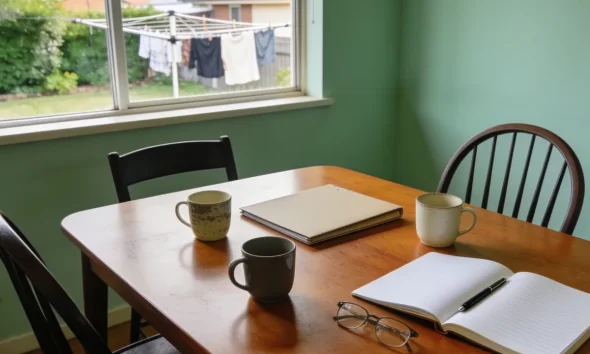 A dining table in an ordinary Australian home set up for a meeting with three mismatched mugs, a plain closed folder, an open notebook with blank pages and a pen, and reading glasses, with chairs pulled up at angles and washing on a line in a suburban backyard beyond the window