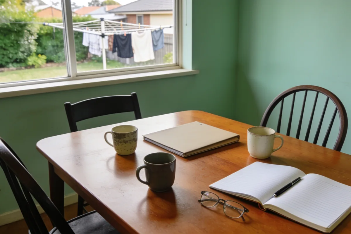 A dining table in an ordinary Australian home set up for a meeting with three mismatched mugs, a plain closed folder, an open notebook with blank pages and a pen, and reading glasses, with chairs pulled up at angles and washing on a line in a suburban backyard beyond the window