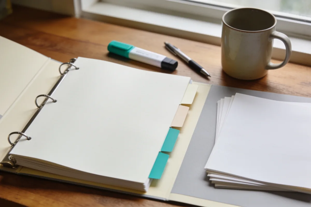 A plain ring binder open flat on a timber desk with blank divider tabs, a loose stack of blank pages, a highlighter, a pen and a mug in natural window light