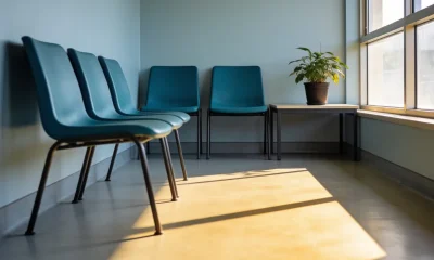 A bright empty waiting area in an ordinary Australian public building seen from one of the seats, with teal chairs against a bare pale wall, a low table with a single potted plant and hard mid-morning light across a vinyl floor
