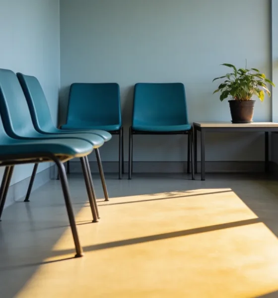 A bright empty waiting area in an ordinary Australian public building seen from one of the seats, with teal chairs against a bare pale wall, a low table with a single potted plant and hard mid-morning light across a vinyl floor