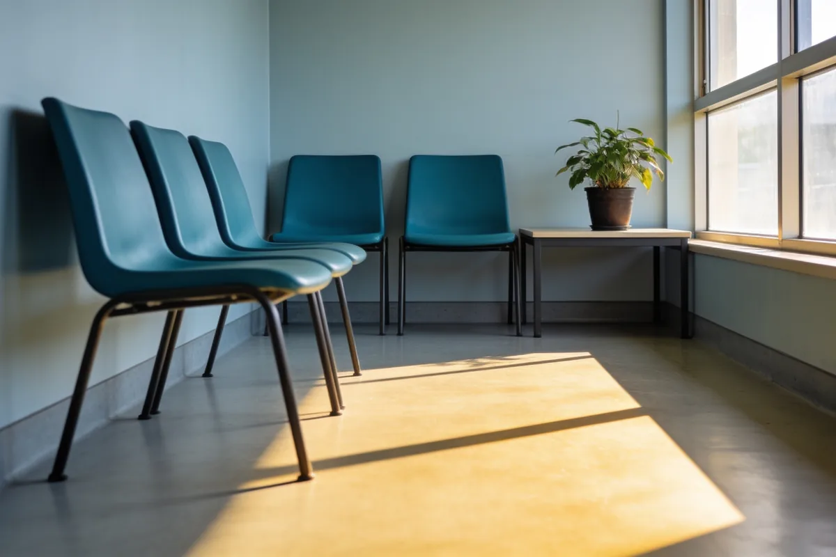 A bright empty waiting area in an ordinary Australian public building seen from one of the seats, with teal chairs against a bare pale wall, a low table with a single potted plant and hard mid-morning light across a vinyl floor