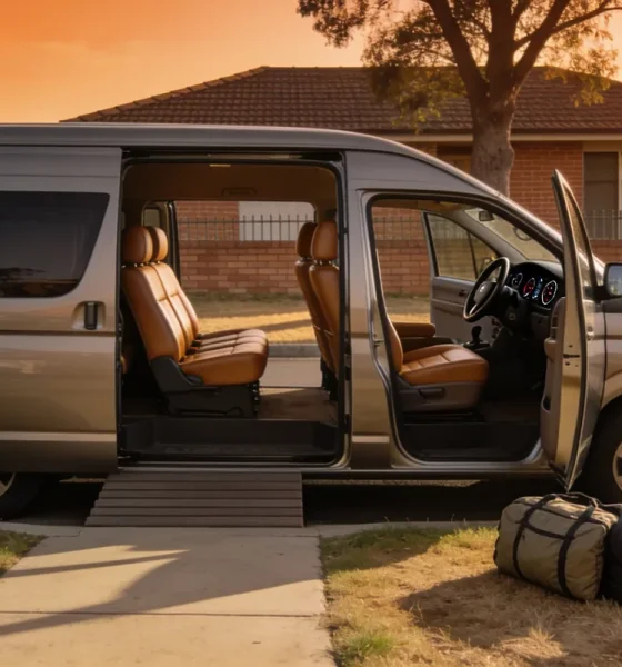A plain silver-grey family van parked at the kerb of an outer-suburban street in late-afternoon light with its sliding and front doors open onto a cabin of tan seats, two soft travel bags and a folded camp chair on the grass verge beside it, with a brick-veneer house and street tree behind