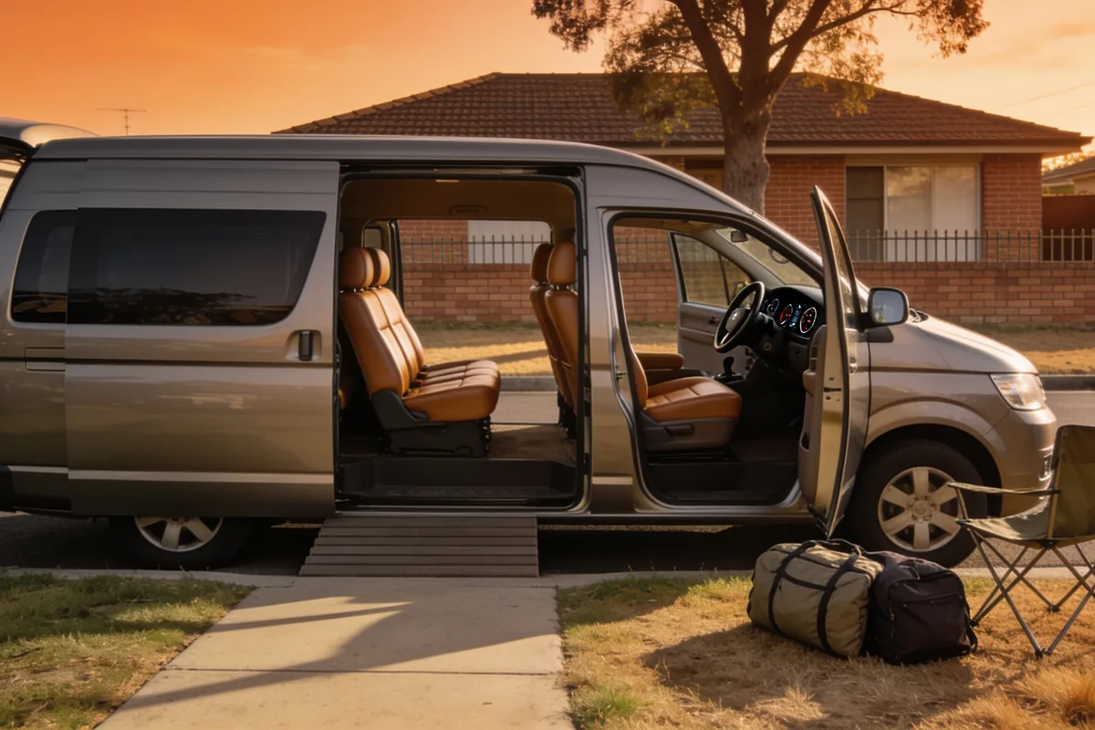 A plain silver-grey family van parked at the kerb of an outer-suburban street in late-afternoon light with its sliding and front doors open onto a cabin of tan seats, two soft travel bags and a folded camp chair on the grass verge beside it, with a brick-veneer house and street tree behind