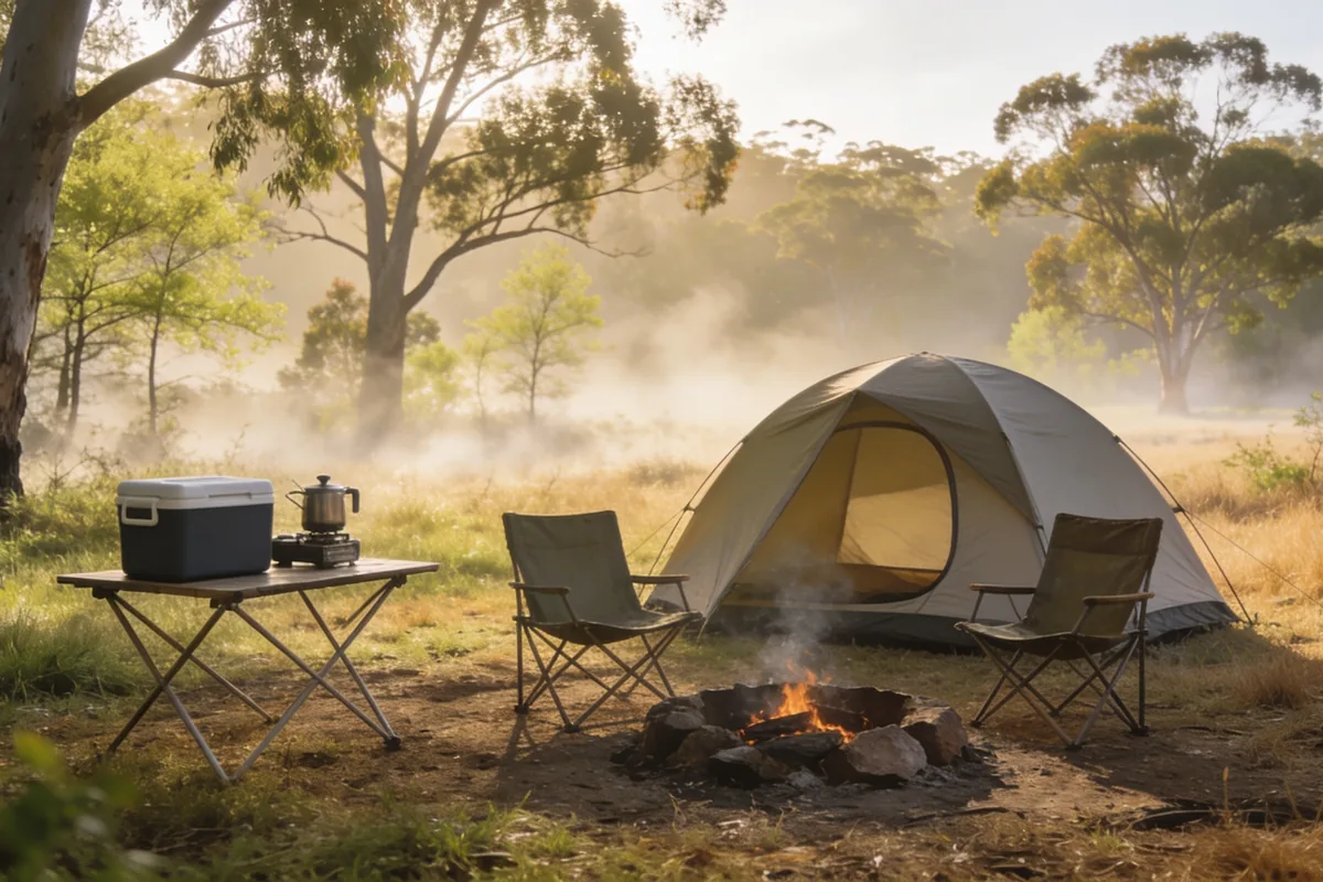Simple dome tent at a small Australian spring campsite in early morning light, with two camp chairs by a fire ring, an esky and a camp stove on a folding table, eucalyptus trees behind.