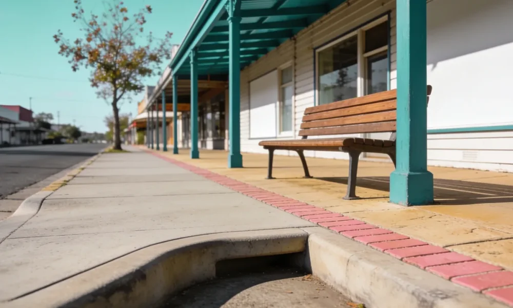 A quiet regional Victorian main street corner on a bright still morning seen from footpath level, with a low kerb and a gently sloped ramp, a timber bench seat beside a blank shopfront under a deep teal veranda and a clear path running away past a street tree