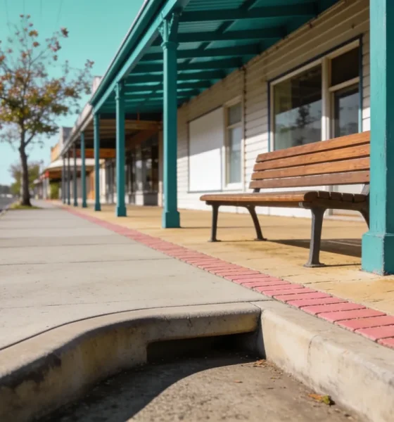 A quiet regional Victorian main street corner on a bright still morning seen from footpath level, with a low kerb and a gently sloped ramp, a timber bench seat beside a blank shopfront under a deep teal veranda and a clear path running away past a street tree