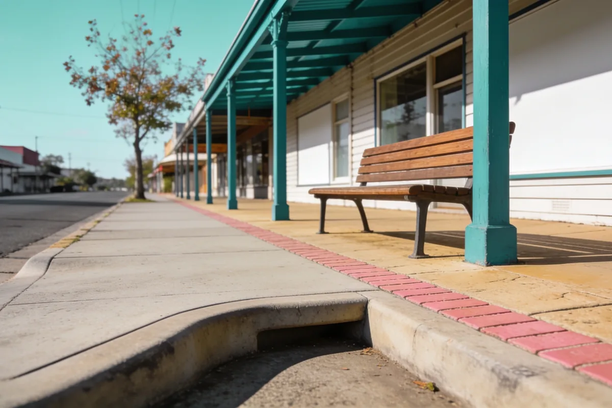 A quiet regional Victorian main street corner on a bright still morning seen from footpath level, with a low kerb and a gently sloped ramp, a timber bench seat beside a blank shopfront under a deep teal veranda and a clear path running away past a street tree