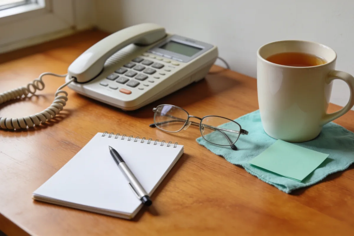 A cream landline telephone on a timber kitchen table beside a small notepad with a pen on a blank page, reading glasses resting on a cloth with a blank note, and a mug of tea in soft morning light from a window