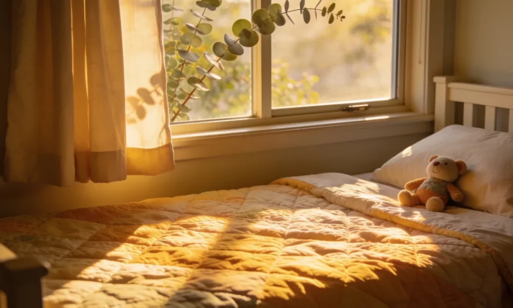 A child's bed by a window with soft golden morning light on the quilt and eucalyptus branches outside