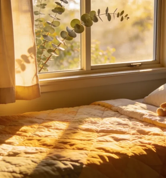 A child's bed by a window with soft golden morning light on the quilt and eucalyptus branches outside