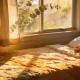 A child's bed by a window with soft golden morning light on the quilt and eucalyptus branches outside