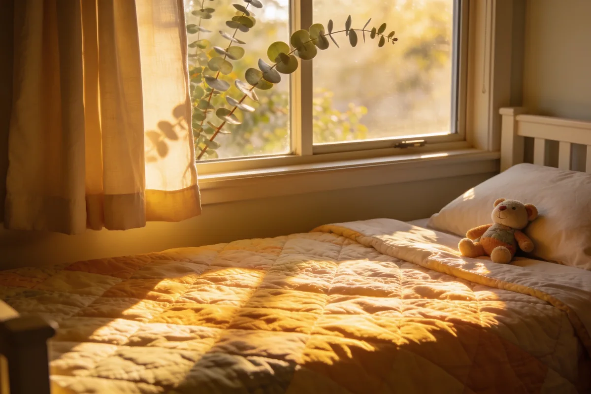 A child's bed by a window with soft golden morning light on the quilt and eucalyptus branches outside