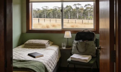 A quiet bedroom in an Australian holiday cottage seen from the doorway, with a made single bed and folded blanket, a plain closed book on the quilt, a soft open overnight bag and folded towels on a chair beside a lamp and a glass of water, and dry grass, a fence line and eucalyptus beyond the window