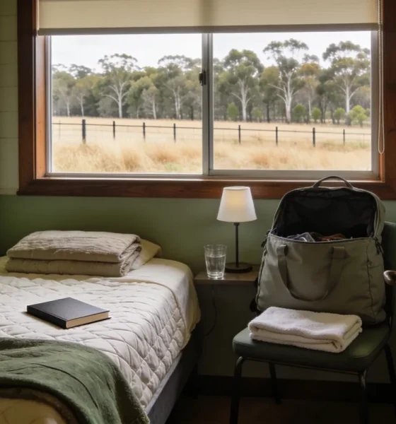 A quiet bedroom in an Australian holiday cottage seen from the doorway, with a made single bed and folded blanket, a plain closed book on the quilt, a soft open overnight bag and folded towels on a chair beside a lamp and a glass of water, and dry grass, a fence line and eucalyptus beyond the window