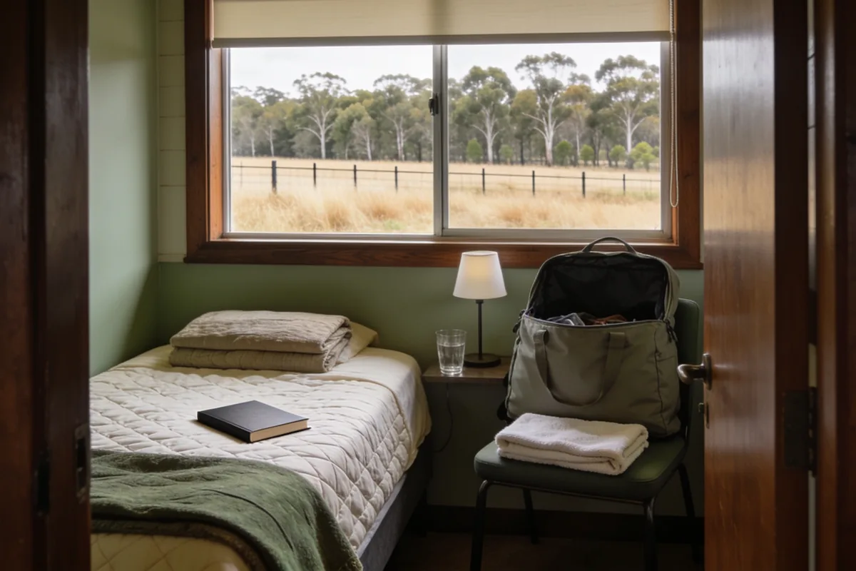 A quiet bedroom in an Australian holiday cottage seen from the doorway, with a made single bed and folded blanket, a plain closed book on the quilt, a soft open overnight bag and folded towels on a chair beside a lamp and a glass of water, and dry grass, a fence line and eucalyptus beyond the window