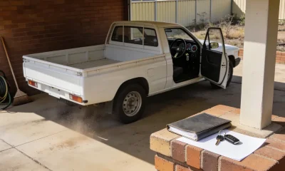 A white ute parked nose in under the open carport of an ordinary Australian suburban home in clear morning light, its driver's door standing open on the right hand side so the steering wheel, instrument dials and ignition key show inside on the right of the cabin, with a folder, a set of keys and a blank page on the low brick step beside a hose reel and a broom, and a colourbond fence and dry garden beyond