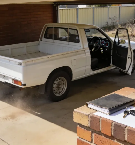 A white ute parked nose in under the open carport of an ordinary Australian suburban home in clear morning light, its driver's door standing open on the right hand side so the steering wheel, instrument dials and ignition key show inside on the right of the cabin, with a folder, a set of keys and a blank page on the low brick step beside a hose reel and a broom, and a colourbond fence and dry garden beyond