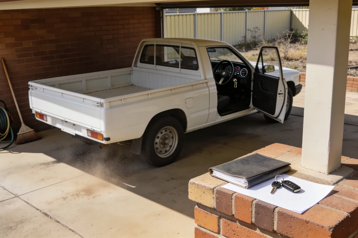 A white ute parked nose in under the open carport of an ordinary Australian suburban home in clear morning light, its driver's door standing open on the right hand side so the steering wheel, instrument dials and ignition key show inside on the right of the cabin, with a folder, a set of keys and a blank page on the low brick step beside a hose reel and a broom, and a colourbond fence and dry garden beyond