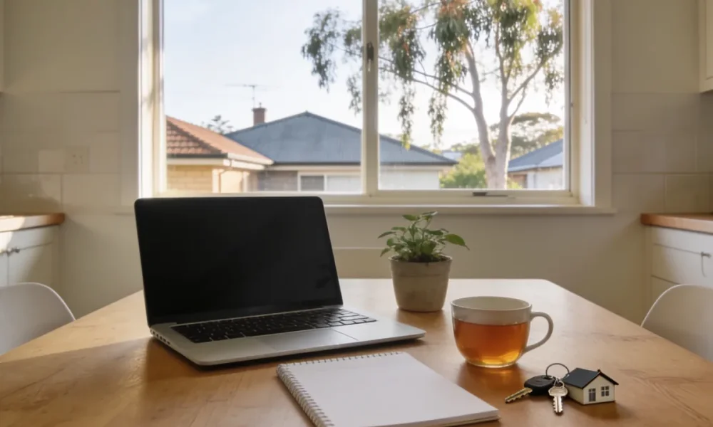 A bright kitchen-dining table with an open laptop, notepad, tea and house keys in soft morning light, ready for first-home savings planning