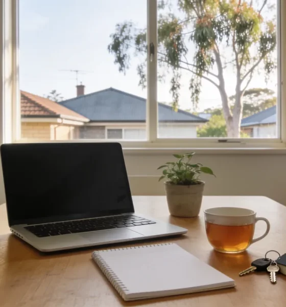 A bright kitchen-dining table with an open laptop, notepad, tea and house keys in soft morning light, ready for first-home savings planning