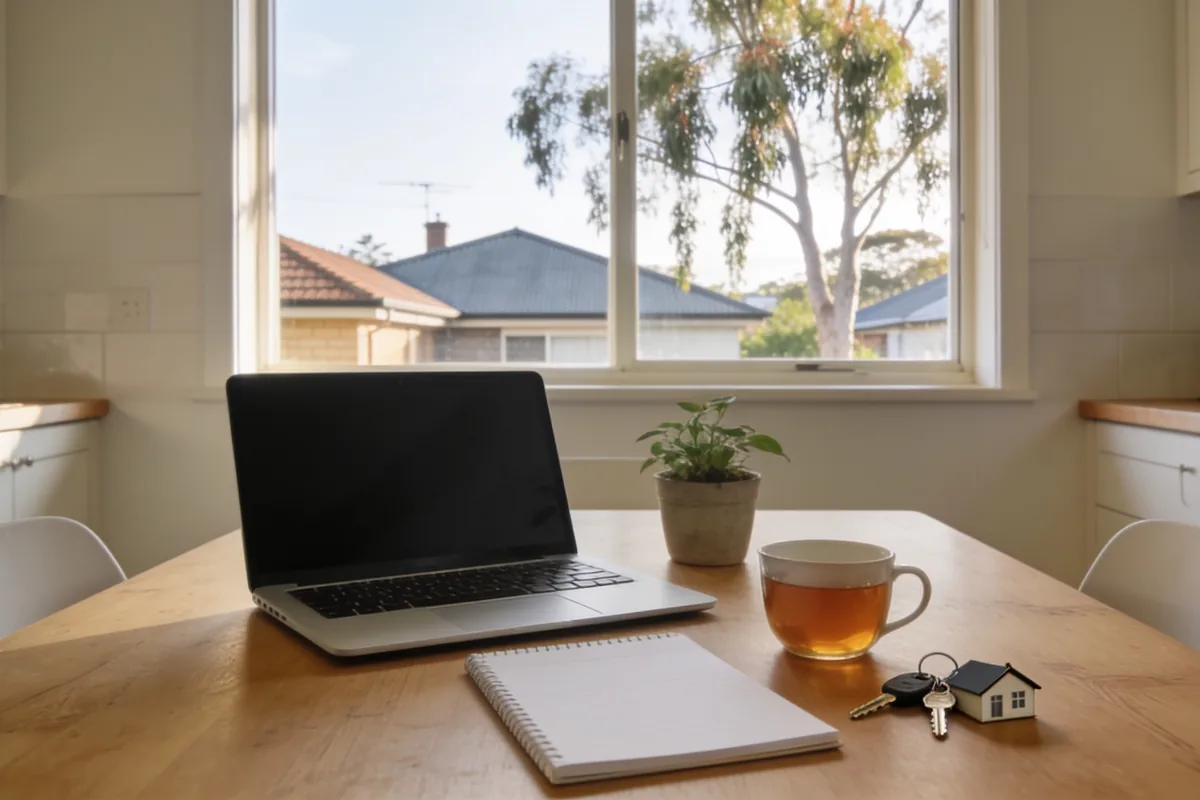 A bright kitchen-dining table with an open laptop, notepad, tea and house keys in soft morning light, ready for first-home savings planning
