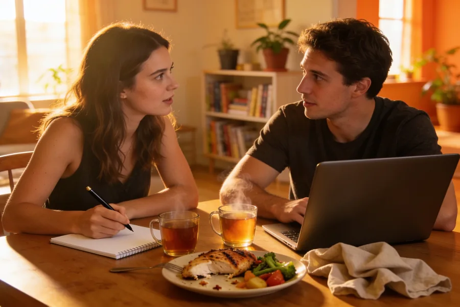 A young couple talking over a half-finished dinner with a laptop and notepad, discussing saving for a first home