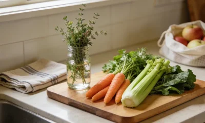 organised Australian kitchen bench with fresh vegetables, herbs in water and a folded tea towel in soft morning light