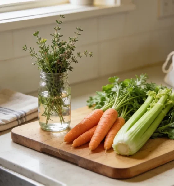 organised Australian kitchen bench with fresh vegetables, herbs in water and a folded tea towel in soft morning light