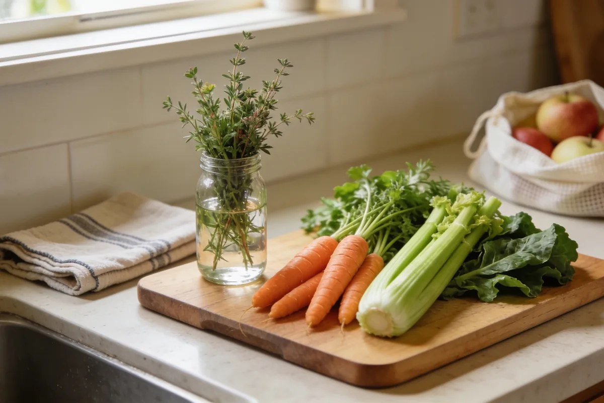 organised Australian kitchen bench with fresh vegetables, herbs in water and a folded tea towel in soft morning light