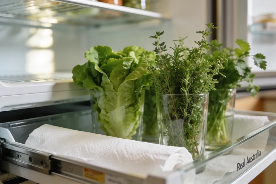 open fridge crisper drawer lined with paper towel holding leafy greens and herbs upright in clear containers