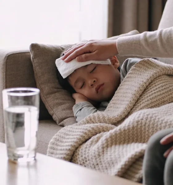 Parent placing a cool cloth on a young child's forehead while the child rests under a knitted blanket on a lounge, with a glass of water and tissues on the coffee table nearby.