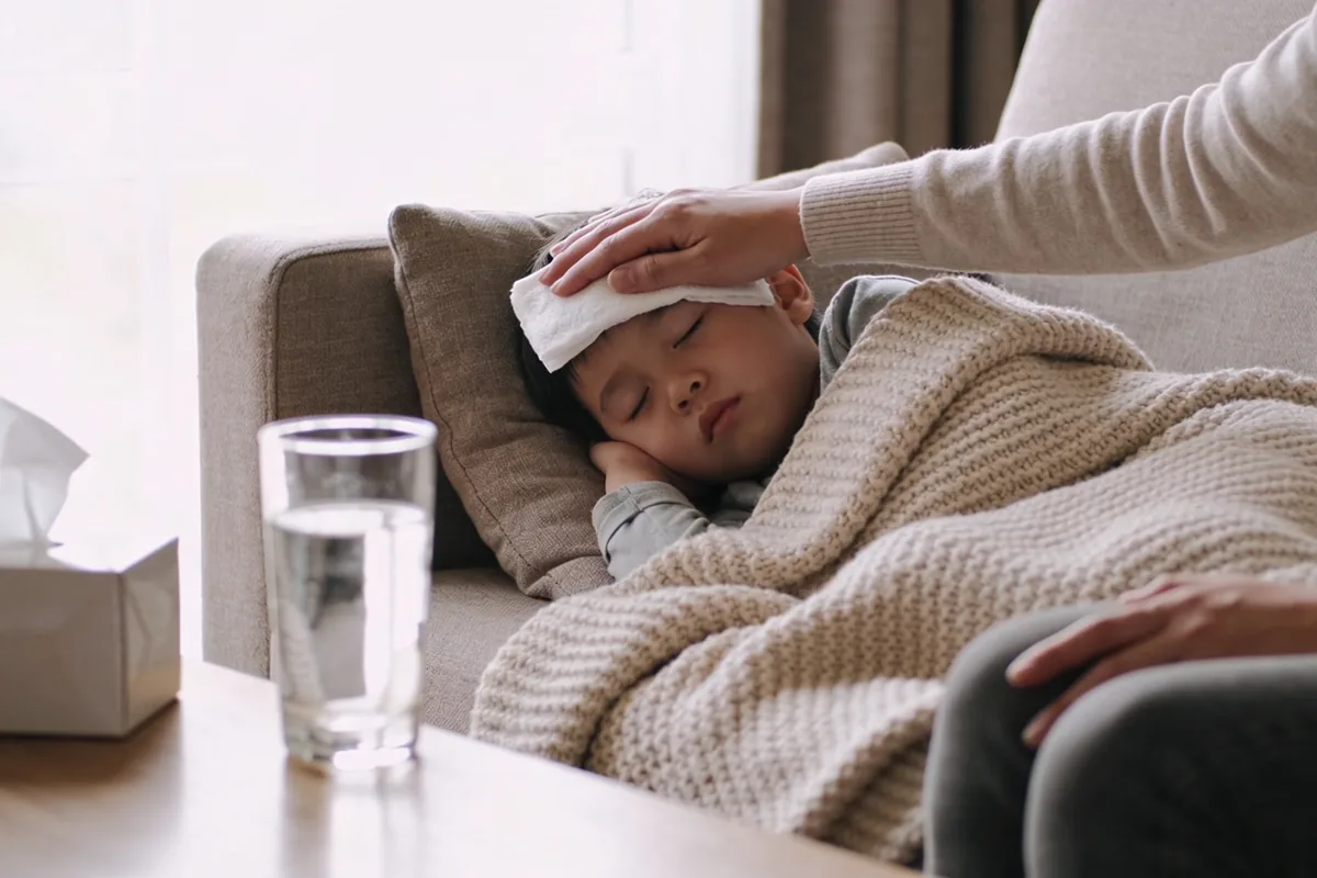 Parent placing a cool cloth on a young child's forehead while the child rests under a knitted blanket on a lounge, with a glass of water and tissues on the coffee table nearby.