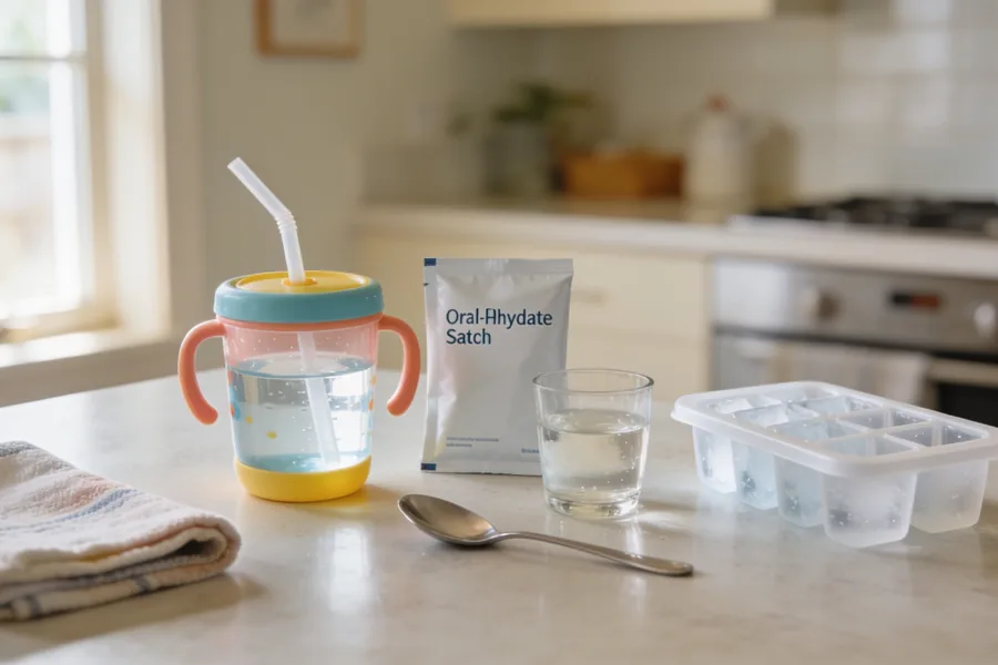 Clean kitchen bench set up as a home hydration care station for a sick child, with a cup of water and straw, a glass of oral rehydration fluid, an ice-block mould, a teaspoon and a folded tea towel in soft natural light.