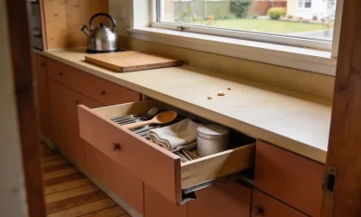 An ordinary Australian kitchen in mid morning light with a base cabinet drawer pulled open and sitting crooked, its shallow interior holding cutlery, a wooden spoon, a folded tea towel and a plain tin, with a kettle and a wooden board on the bench, a few crumbs scattered near a garden window and timber look flooring below