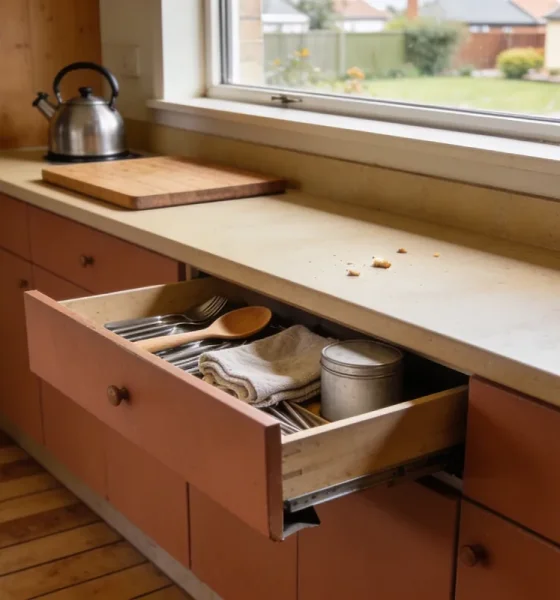 An ordinary Australian kitchen in mid morning light with a base cabinet drawer pulled open and sitting crooked, its shallow interior holding cutlery, a wooden spoon, a folded tea towel and a plain tin, with a kettle and a wooden board on the bench, a few crumbs scattered near a garden window and timber look flooring below