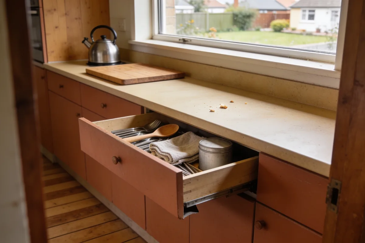 An ordinary Australian kitchen in mid morning light with a base cabinet drawer pulled open and sitting crooked, its shallow interior holding cutlery, a wooden spoon, a folded tea towel and a plain tin, with a kettle and a wooden board on the bench, a few crumbs scattered near a garden window and timber look flooring below