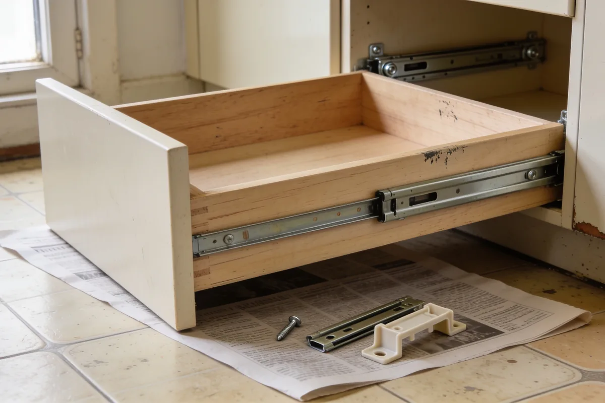 A kitchen drawer box lifted out and resting on its side on a sheet of newspaper on an older kitchen floor in daylight, its side mounted runner running the length of the box while the matching cabinet track stays fixed inside the open cabinet behind, with a loose runner piece, a screw and a plastic bracket clip lying on the paper