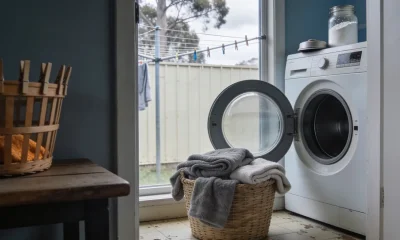 An Australian laundry on a weekday morning seen from the doorway, with the round door of a front loading washing machine standing open onto an empty drum, a woven basket of folded grey fleece and towels on the floor, a plain glass jar of washing powder with its lid on top of the machine, a wooden peg basket on a side bench and a clothesline against a paling fence and gum tree beyond the window
