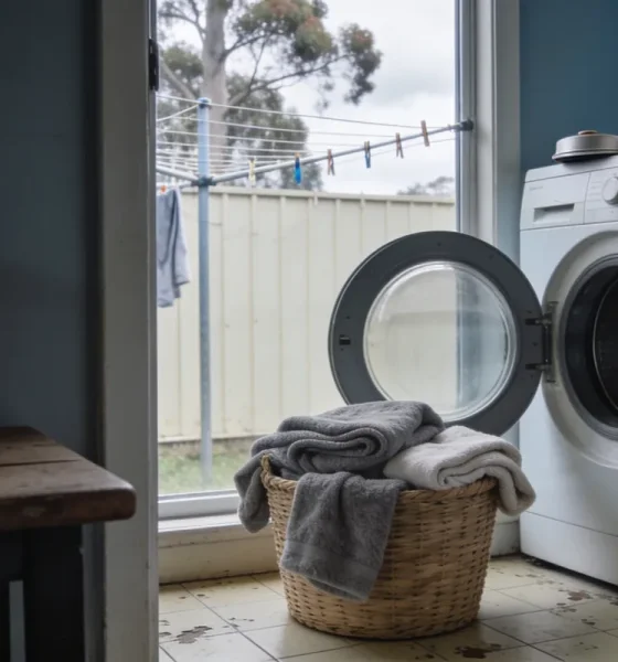 An Australian laundry on a weekday morning seen from the doorway, with the round door of a front loading washing machine standing open onto an empty drum, a woven basket of folded grey fleece and towels on the floor, a plain glass jar of washing powder with its lid on top of the machine, a wooden peg basket on a side bench and a clothesline against a paling fence and gum tree beyond the window
