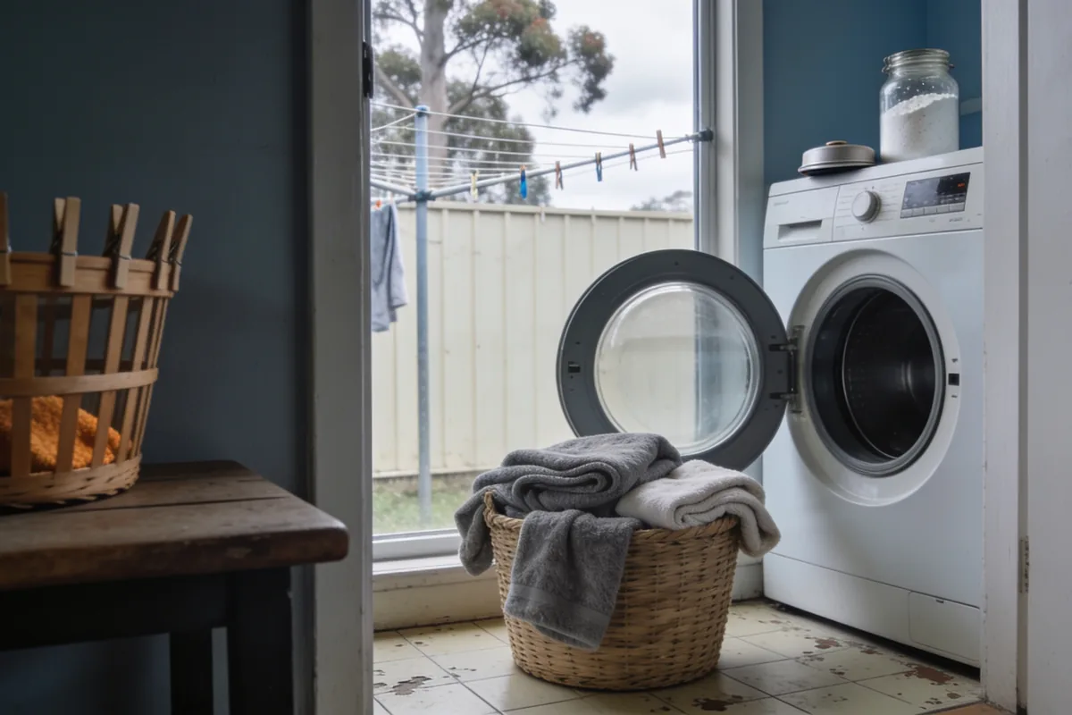 An Australian laundry on a weekday morning seen from the doorway, with the round door of a front loading washing machine standing open onto an empty drum, a woven basket of folded grey fleece and towels on the floor, a plain glass jar of washing powder with its lid on top of the machine, a wooden peg basket on a side bench and a clothesline against a paling fence and gum tree beyond the window