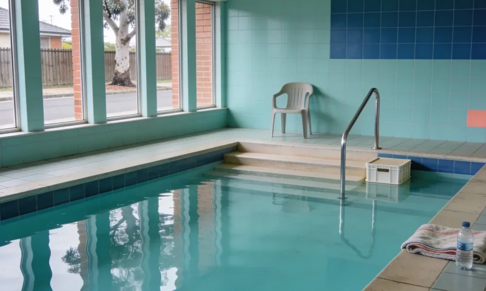 Calm water filling most of a rehabilitation pool room in Australia in soft daylight, with a wide shallow entry step and stainless steel handrail, a plain plastic step box at the water's edge, a folded towel and a water bottle beside a plastic chair on the dry tiled surround, and a quiet suburban street of brick fence and gum tree through the windows